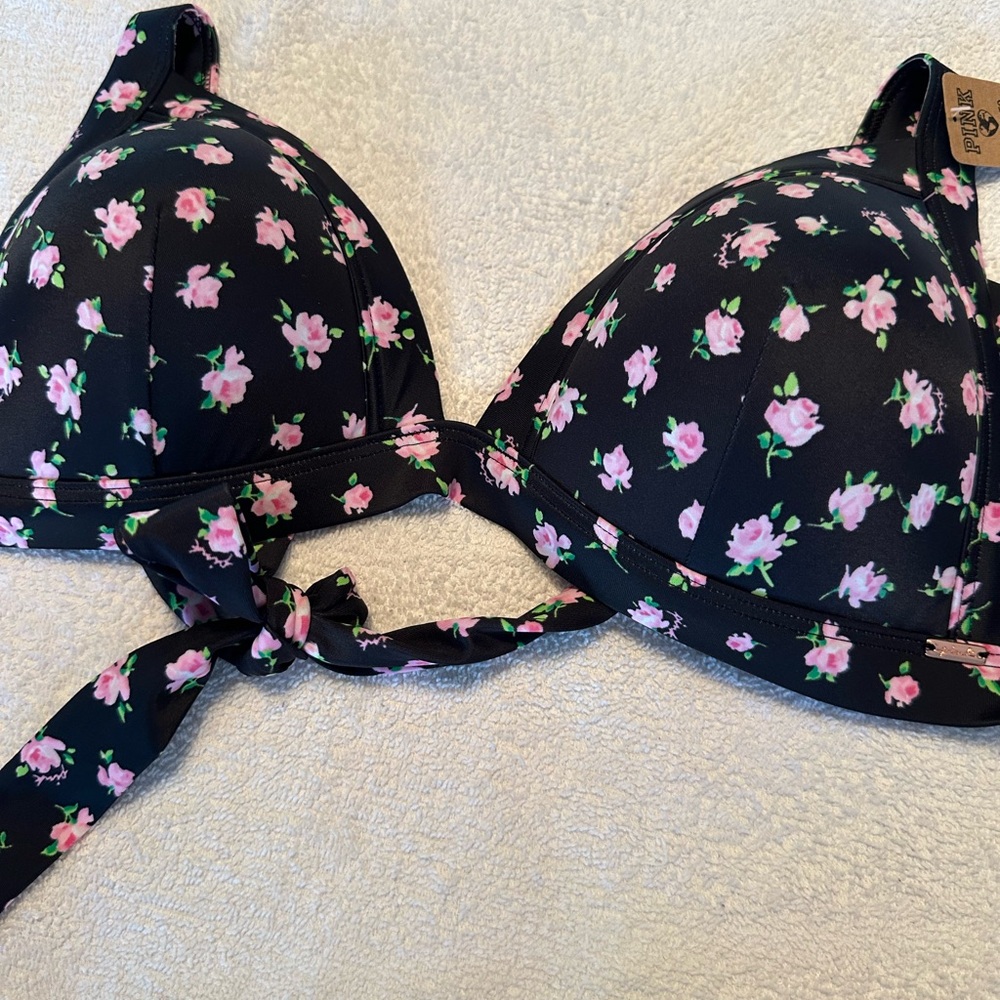 Floral Black and Pink Women's Bikini Top Size L NWT $18